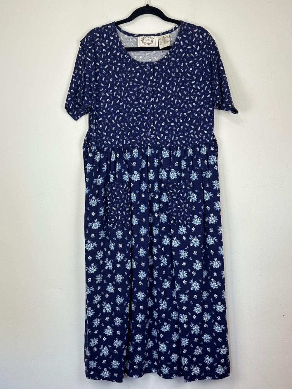 Vintage Erika Womens Cotton Blend Floral Back Tie Dress L Pockets Cottagecore